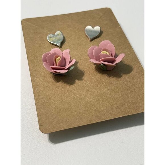 Vintage 90s Stud Earrings‎ Set Flower Heart Pink - Picture 6 of 8